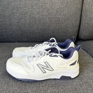 New Balance 9.5 4E Men’s Classic 857 White and Navy Leather Athletic Shoes